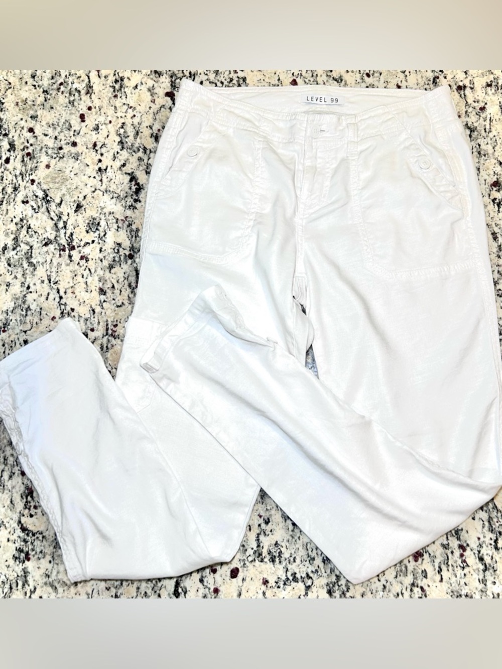 Level 99 Anthropologie White Linen Utility Button-Front Pants with Cuffs